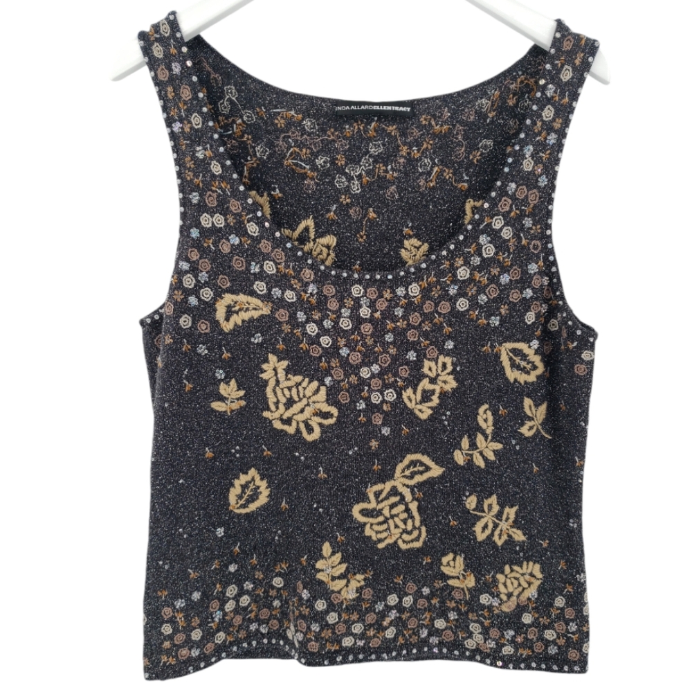 Linda Allard x Ellen Tracy Embroidered Beaded Tank Size *L Wool Blend Floral